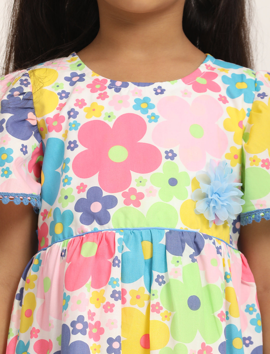 Zion Girls Printed Fit and Flare Dress with Flower Detail and Tie up Tape-Multi