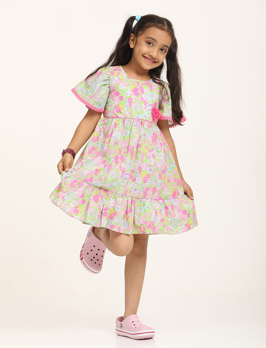 Zion Girls Printed Fit and Flare Dress with Flower Detail and Tie up Tape-Green