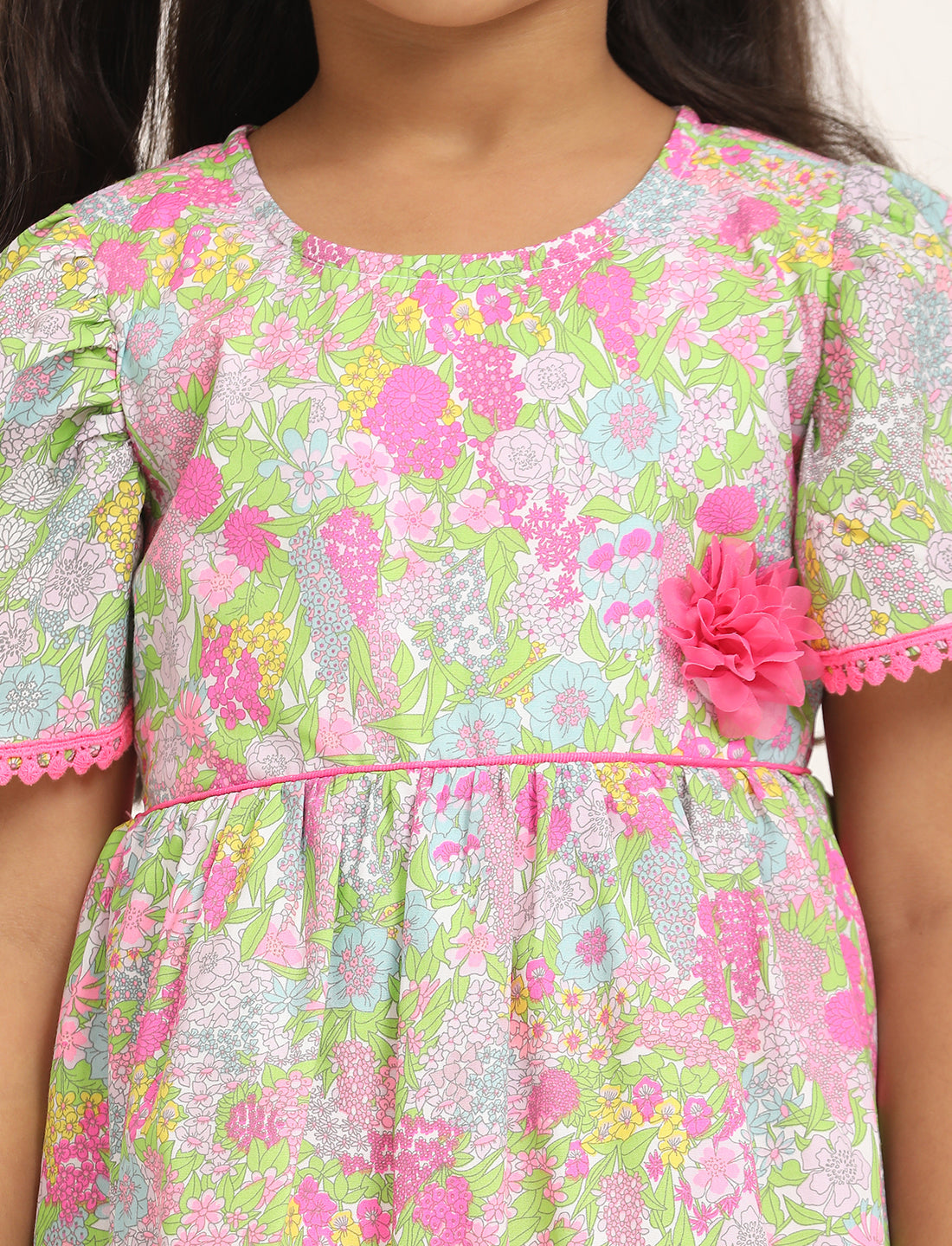 Zion Girls Printed Fit and Flare Dress with Flower Detail and Tie up Tape-Green