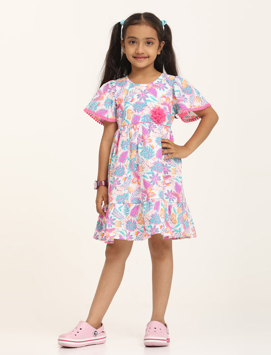 Zion Girls Printed Fit and Flare Dress with Flower Detail and Tie up Tape-White