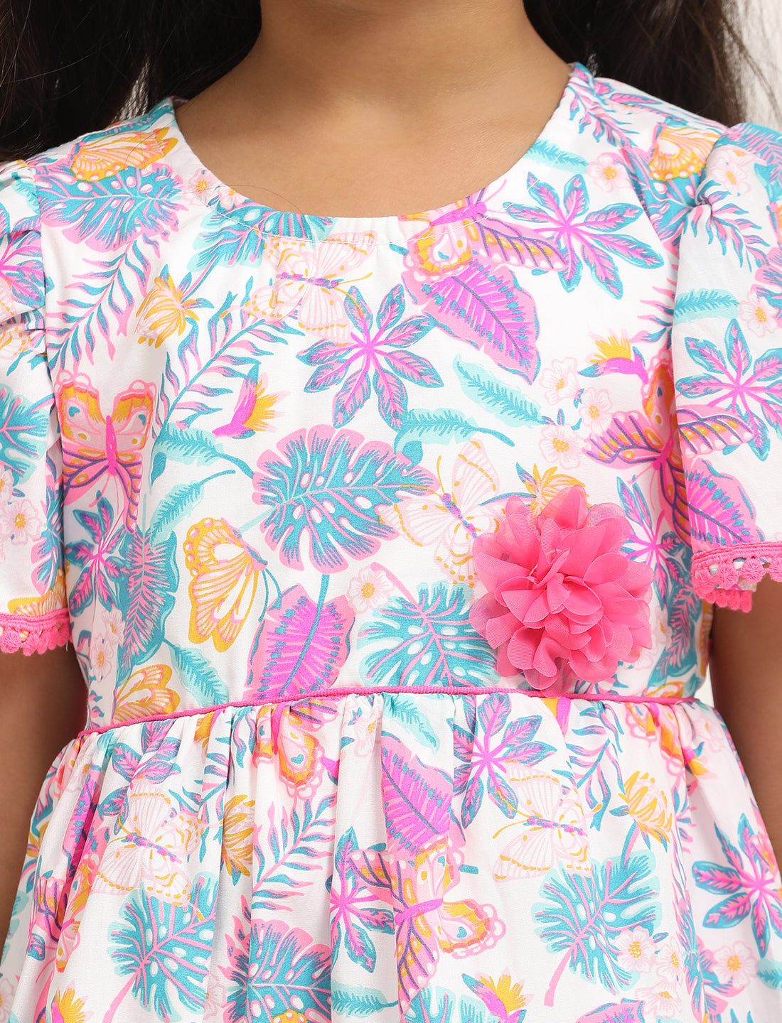 Zion Girls Printed Fit and Flare Dress with Flower Detail and Tie up Tape-White