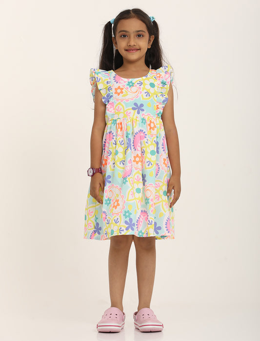 Zion Cotton Conversational Print Ruffled Fit and Flare Dress - Light Blue