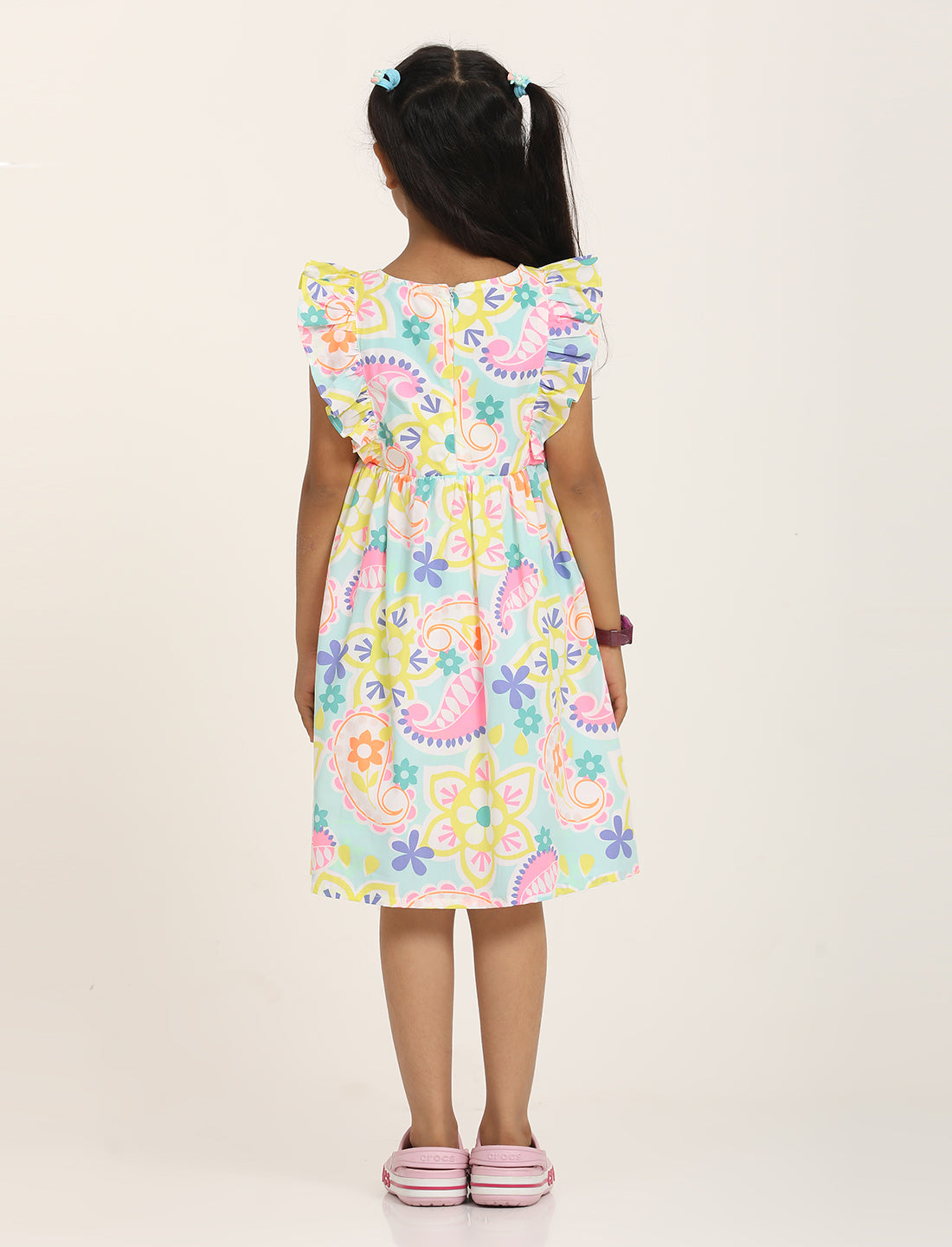 Zion Cotton Conversational Print Ruffled Fit and Flare Dress - Light Blue