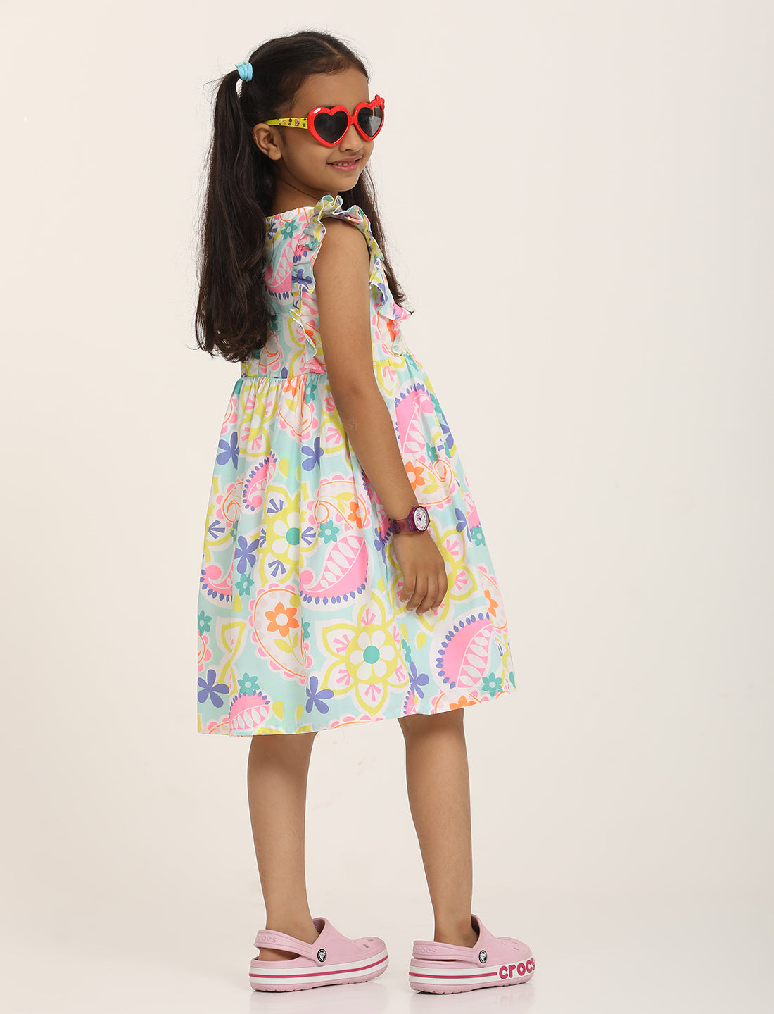 Zion Cotton Conversational Print Ruffled Fit and Flare Dress - Light Blue