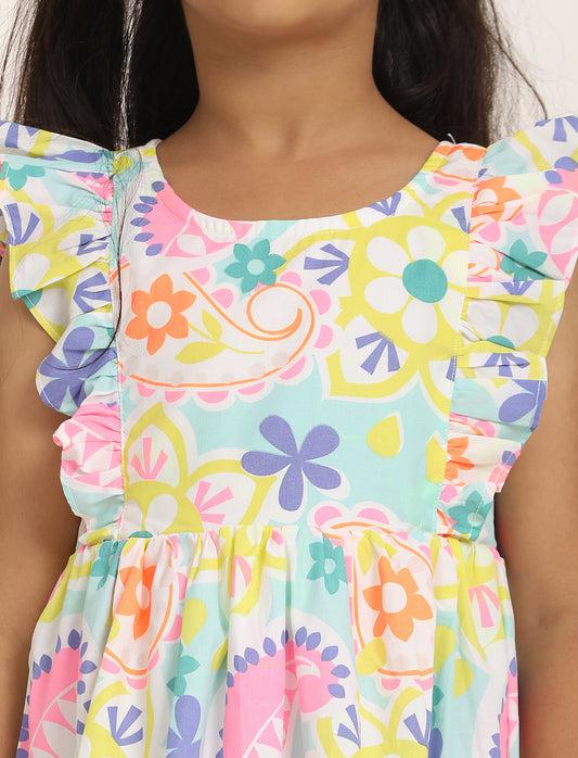 Zion Cotton Conversational Print Ruffled Fit and Flare Dress - Light Blue