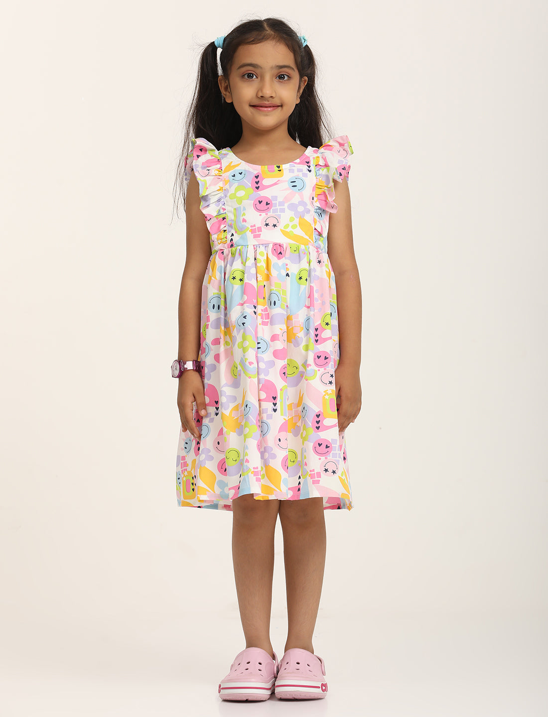 Zion Cotton Smiley Print Ruffled Fit and Flare Dress - White