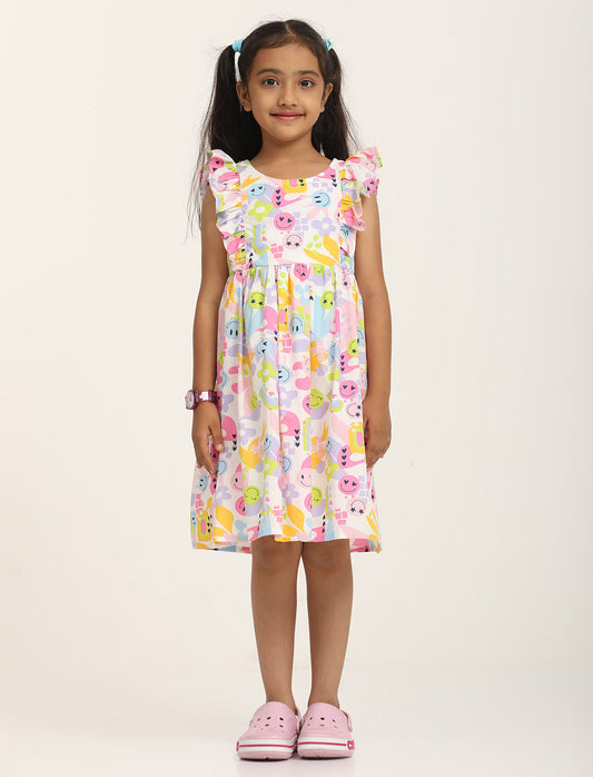 Zion Cotton Smiley Print Ruffled Fit and Flare Dress - White