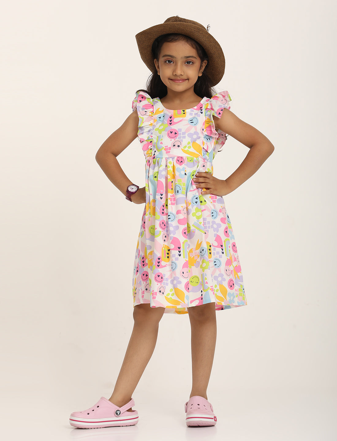 Zion Cotton Smiley Print Ruffled Fit and Flare Dress - White