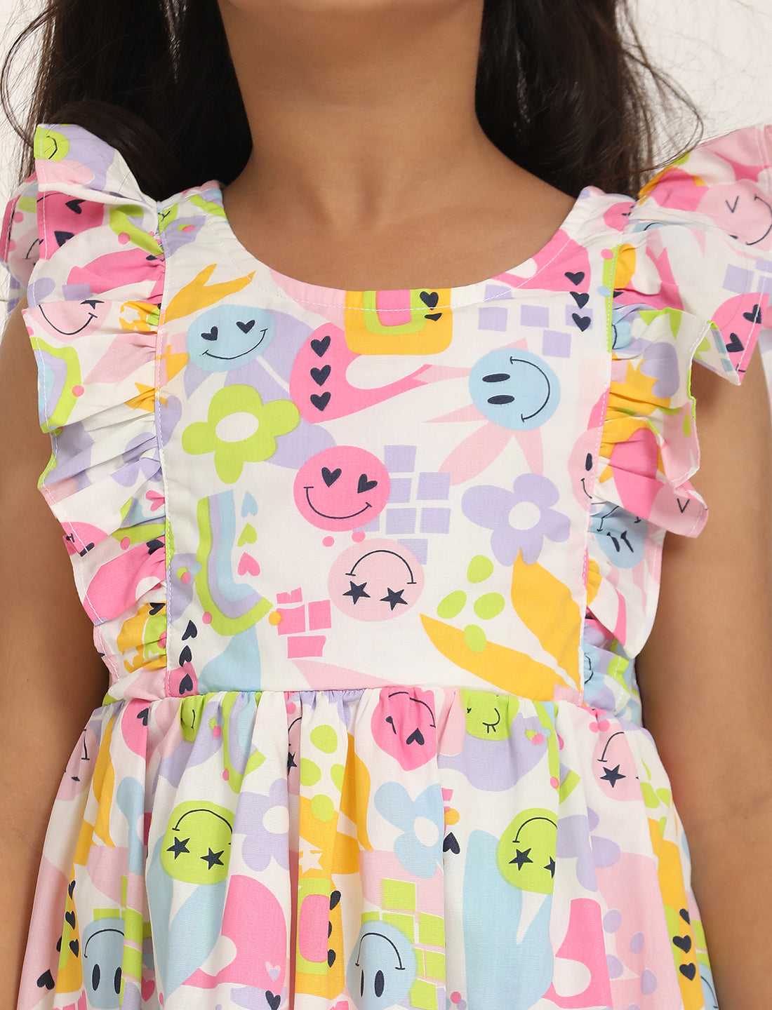 Zion Cotton Smiley Print Ruffled Fit and Flare Dress - White