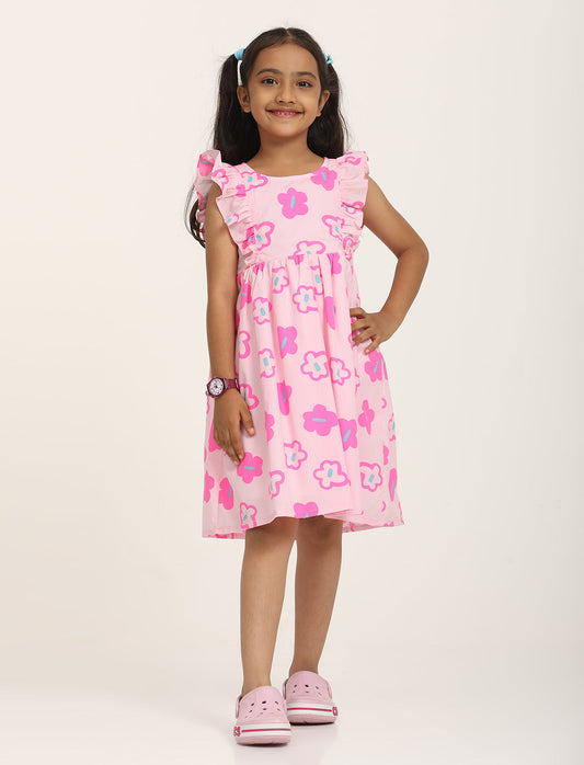 Zion Cotton Floral Printed Ruffle Fit and Flare Dress - Pink