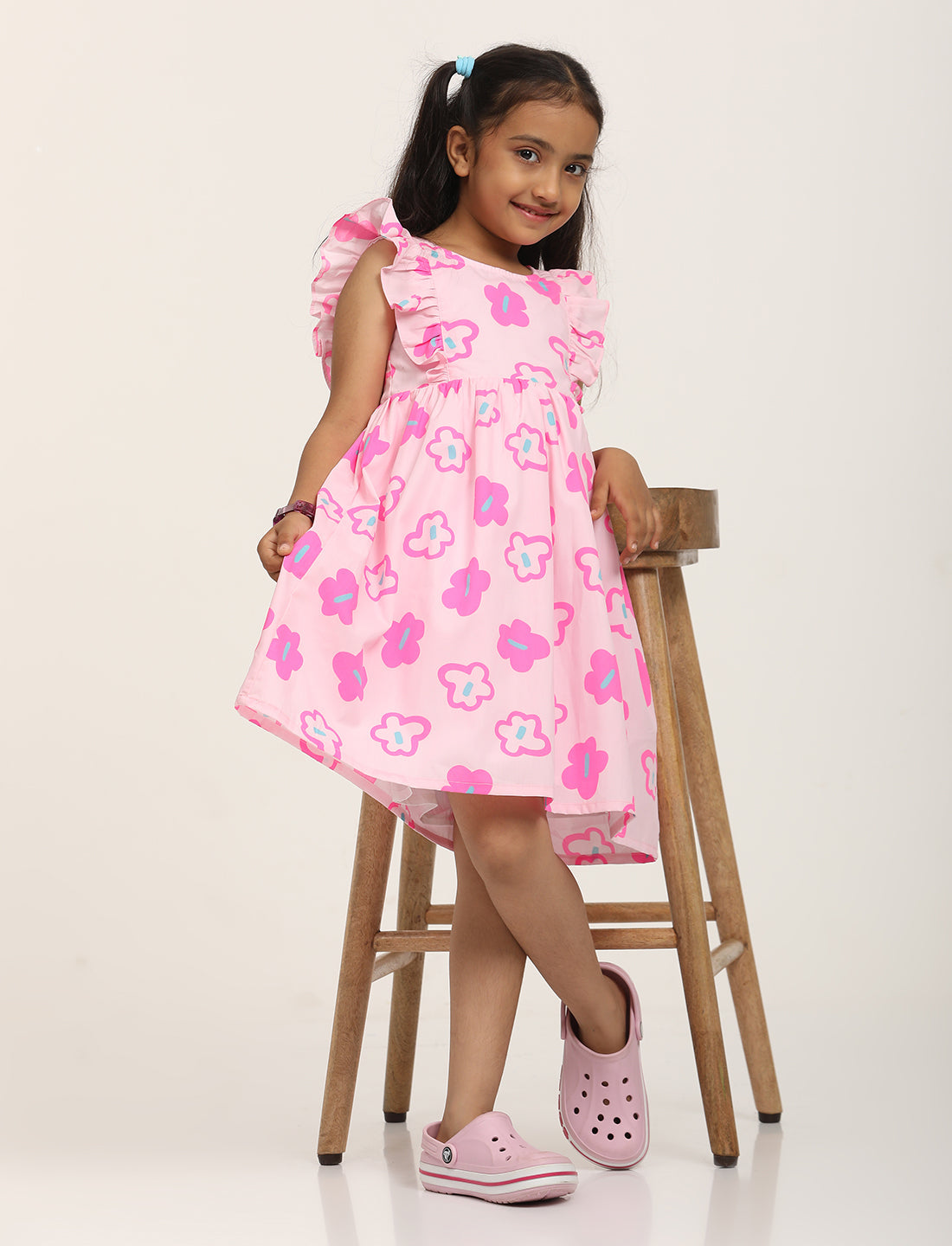 Zion Cotton Floral Printed Ruffle Fit and Flare Dress - Pink