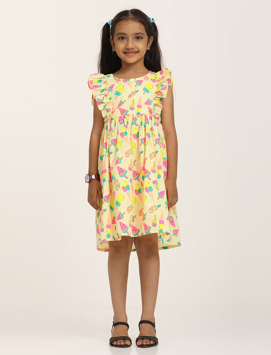 Zion Cotton Melon Print Ruffled Fit and Flare Dress - Yellow
