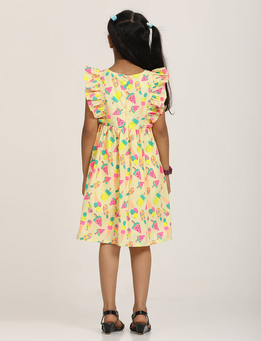 Zion Cotton Melon Print Ruffled Fit and Flare Dress - Yellow
