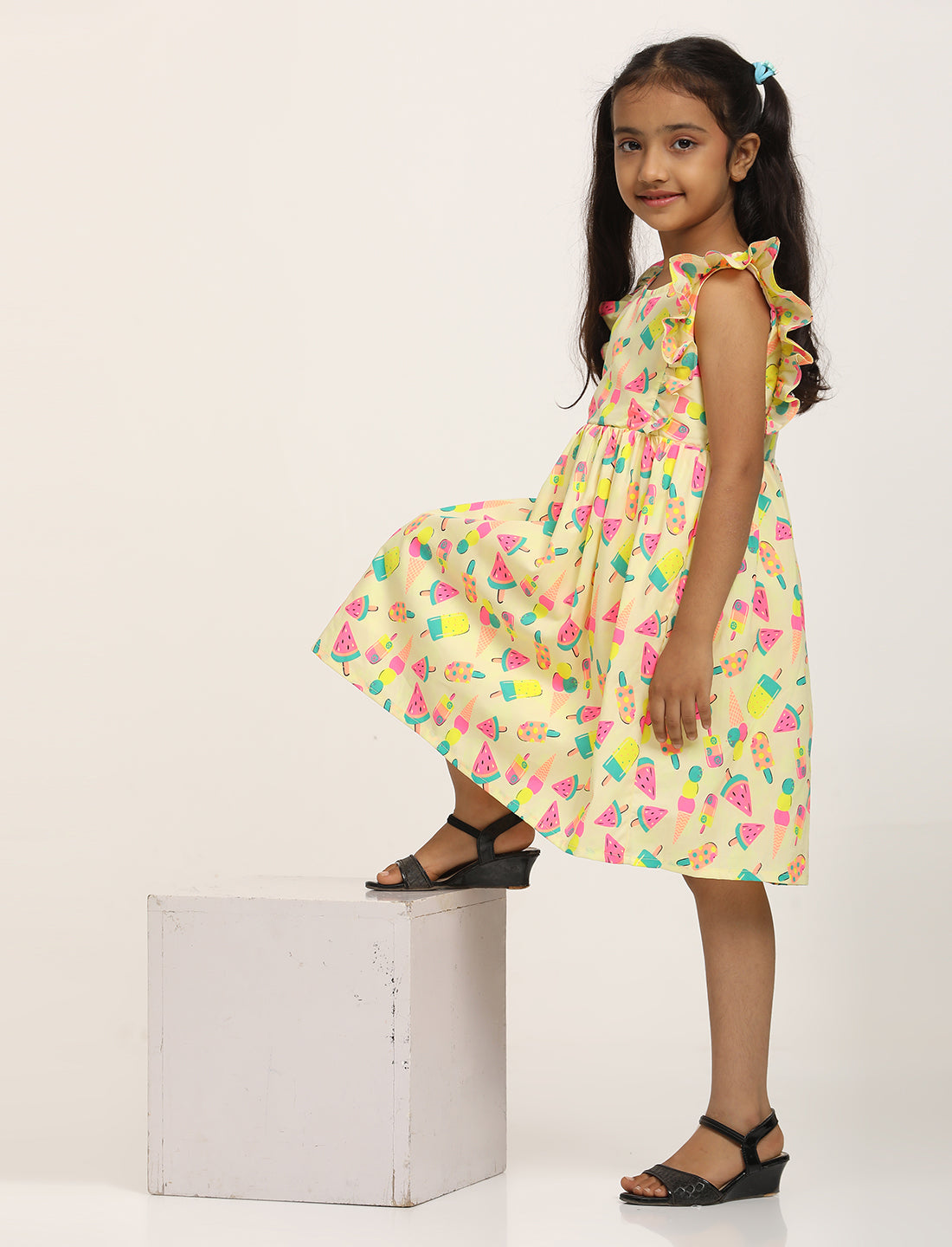 Zion Cotton Melon Print Ruffled Fit and Flare Dress - Yellow