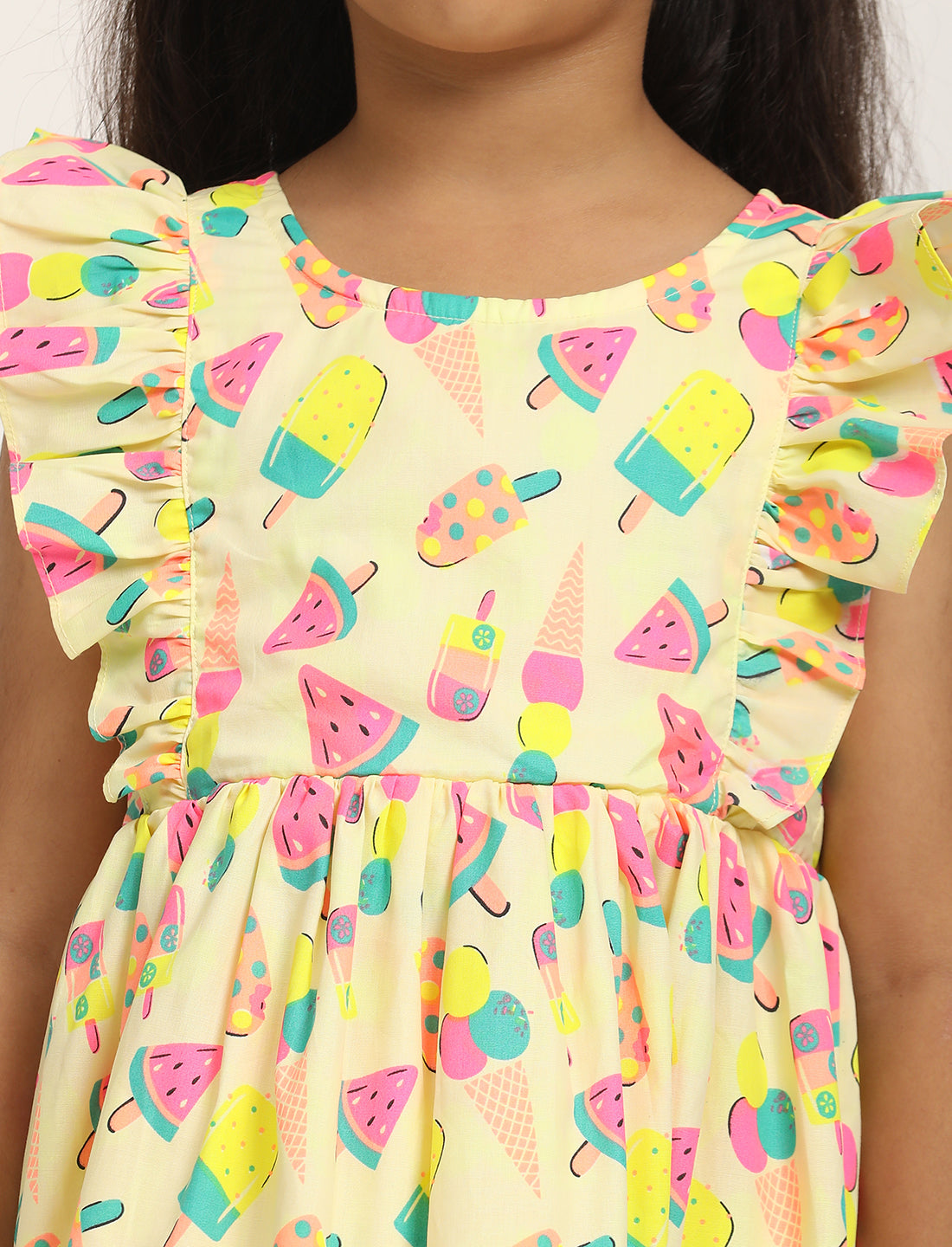Zion Cotton Melon Print Ruffled Fit and Flare Dress - Yellow