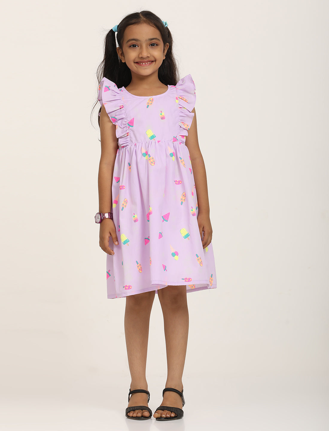 Zion Cotton Popsicle Print Ruffled Fit and Flare Dress - Purple