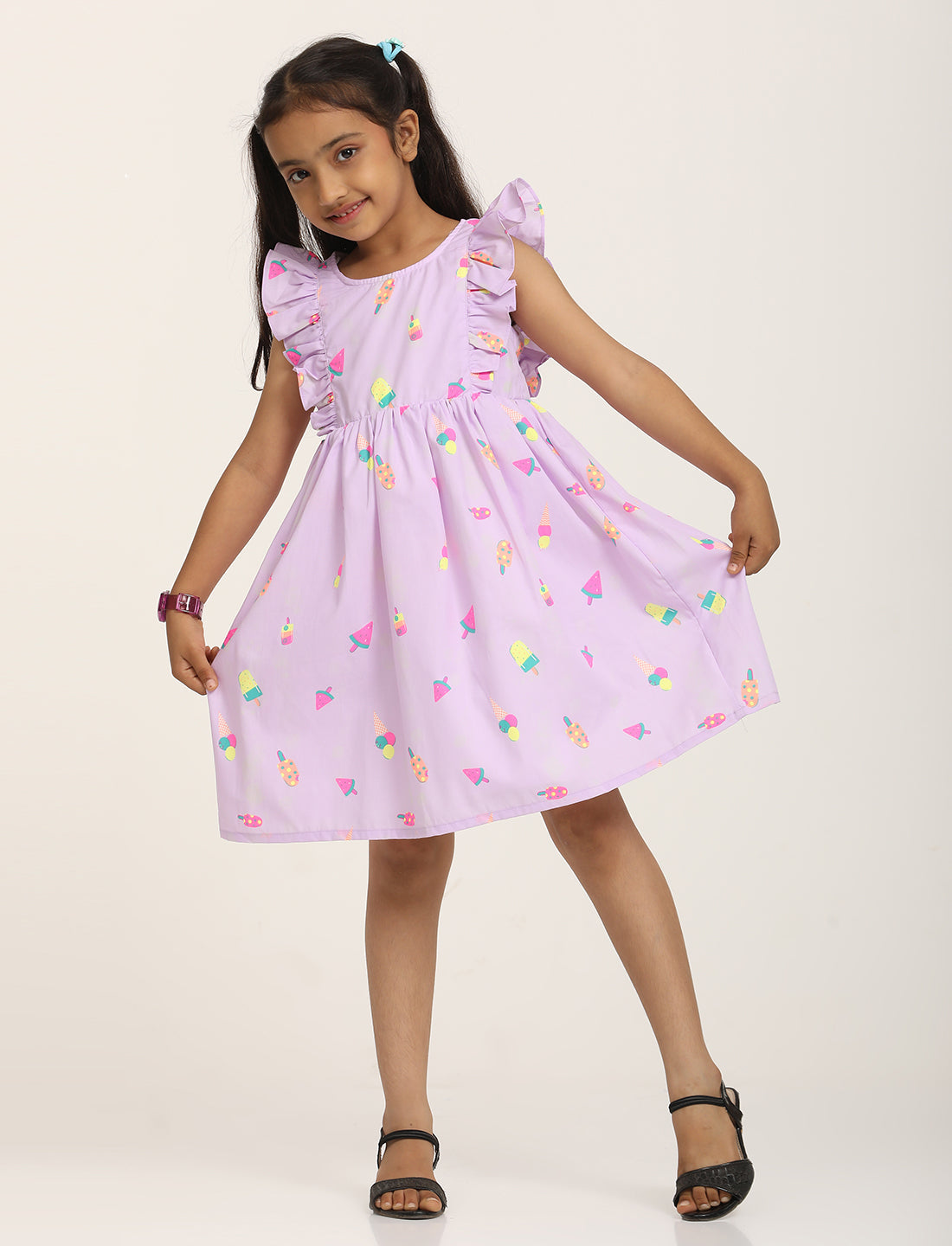 Zion Cotton Popsicle Print Ruffled Fit and Flare Dress - Purple