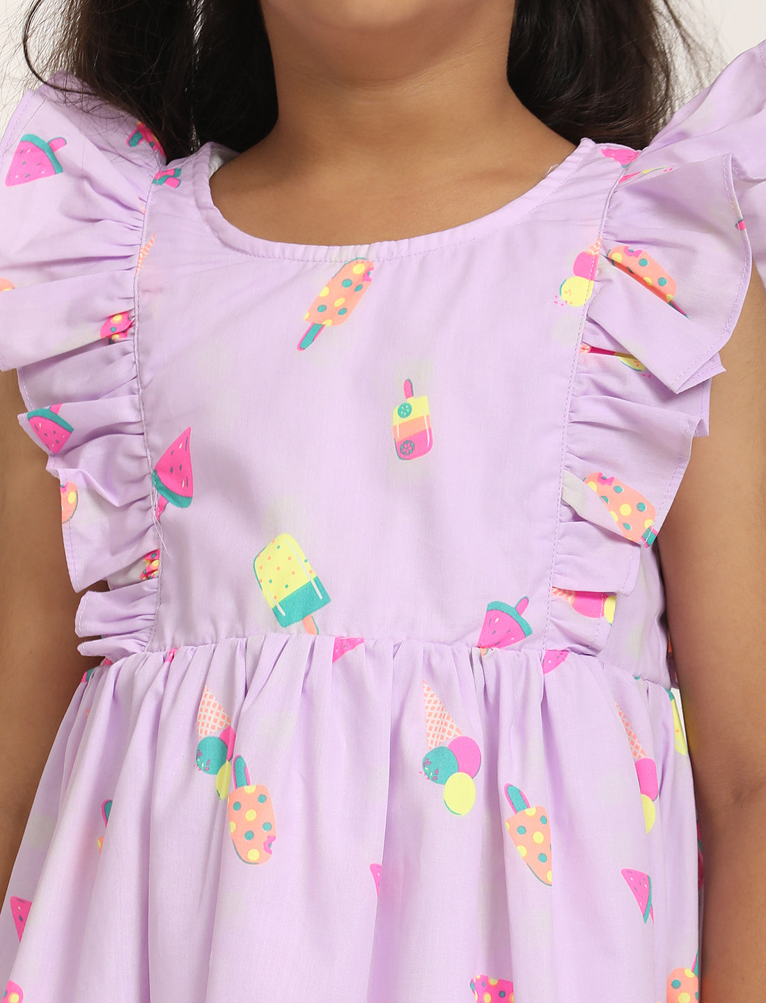 Zion Cotton Popsicle Print Ruffled Fit and Flare Dress - Purple