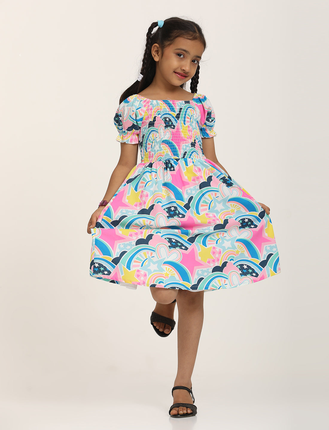 Zion Cotton Half Sleeves Bohemian Printed Smocked Bodice Fit and Flare Dress - Multi color