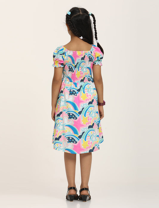 Zion Cotton Half Sleeves Bohemian Printed Smocked Bodice Fit and Flare Dress - Multi color