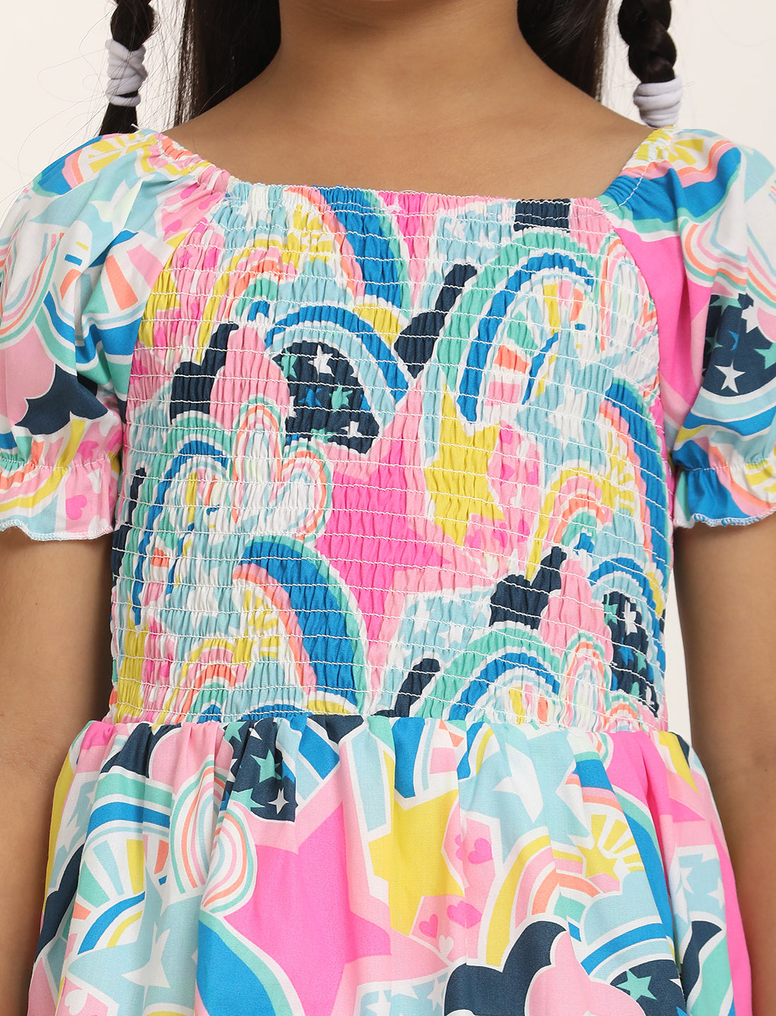 Zion Cotton Half Sleeves Bohemian Printed Smocked Bodice Fit and Flare Dress - Multi color