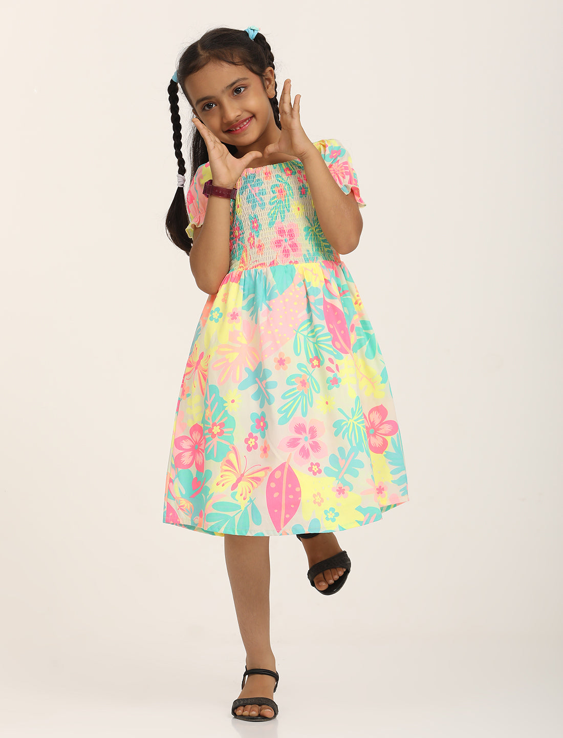 Zion Cotton Half Sleeves Bohemian Printed Smocked Bodice Fit and Flare Dress - Green