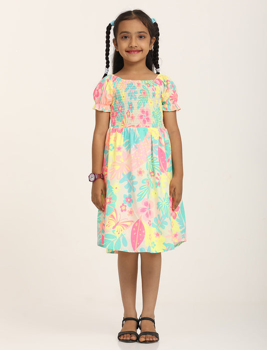 Zion Cotton Half Sleeves Bohemian Printed Smocked Bodice Fit and Flare Dress - Green