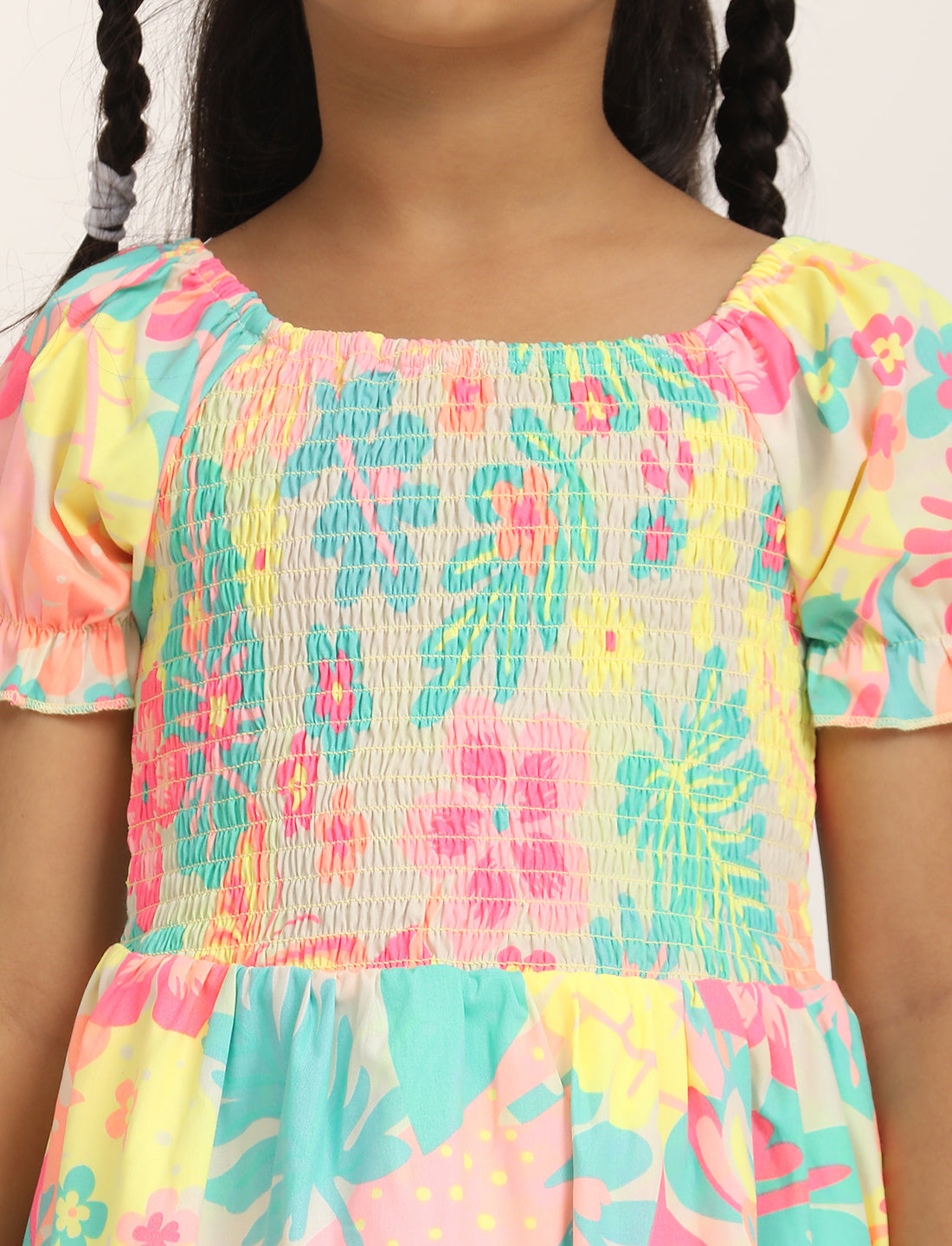 Zion Cotton Half Sleeves Bohemian Printed Smocked Bodice Fit and Flare Dress - Green