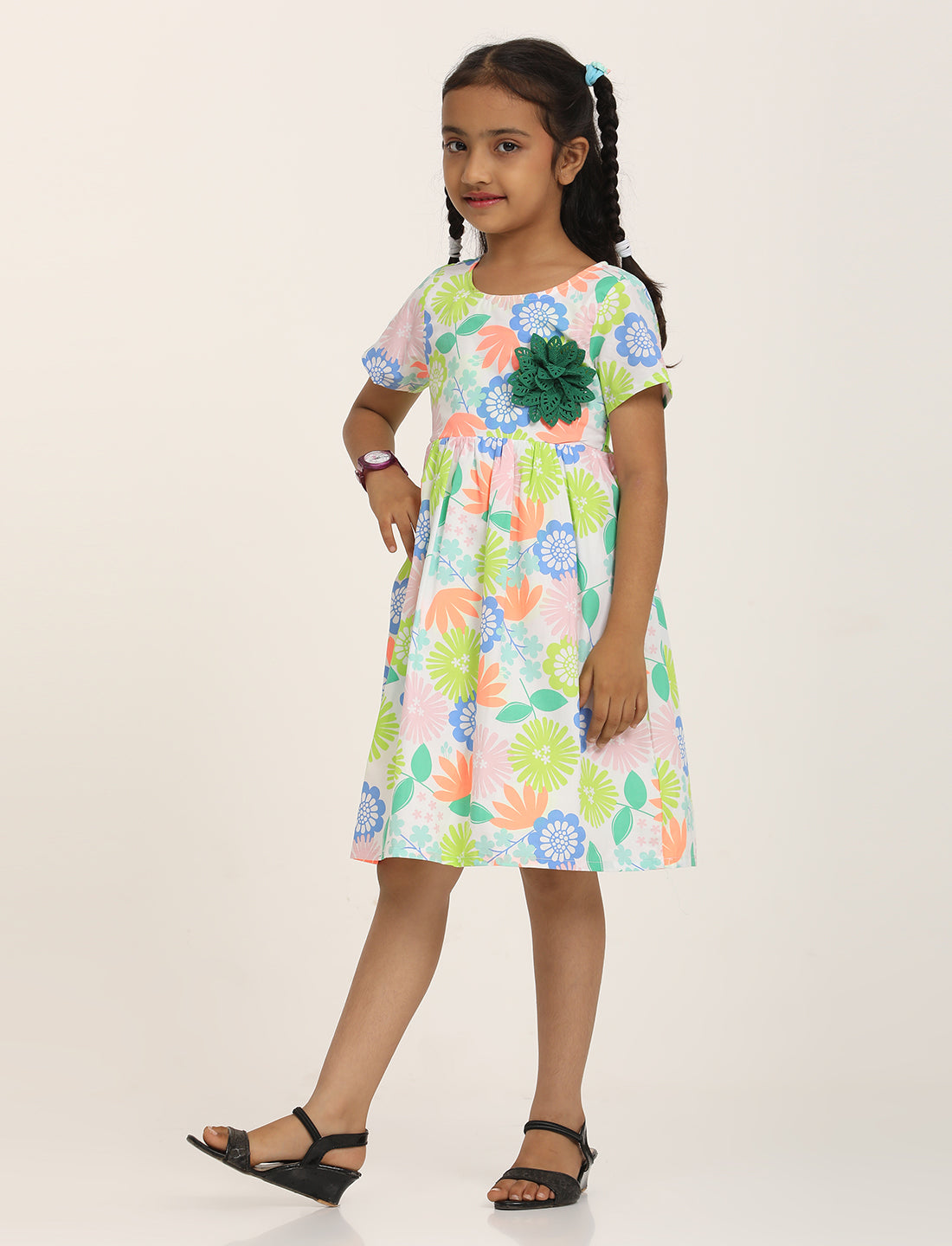 Zion Girls Printed Fit and Flare Dress with Flower Detail and Tie up Tape-Green