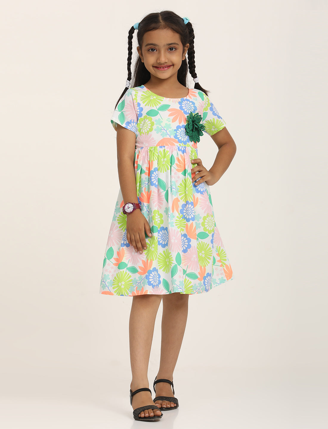 Zion Girls Printed Fit and Flare Dress with Flower Detail and Tie up Tape-Green