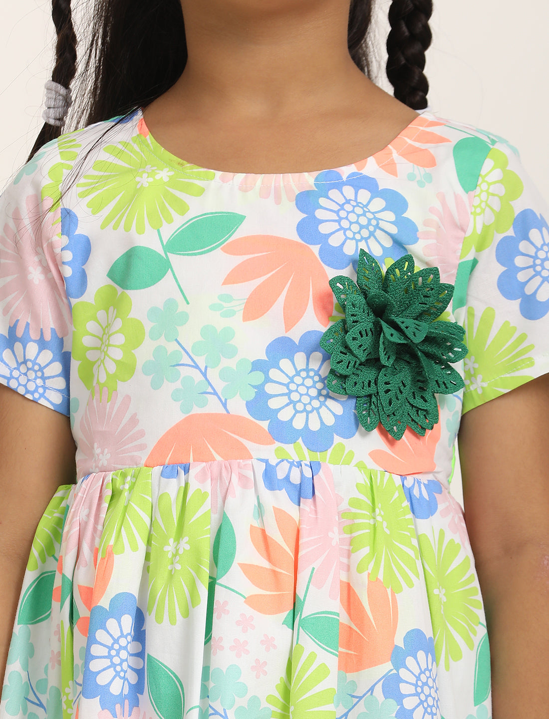 Zion Girls Printed Fit and Flare Dress with Flower Detail and Tie up Tape-Green