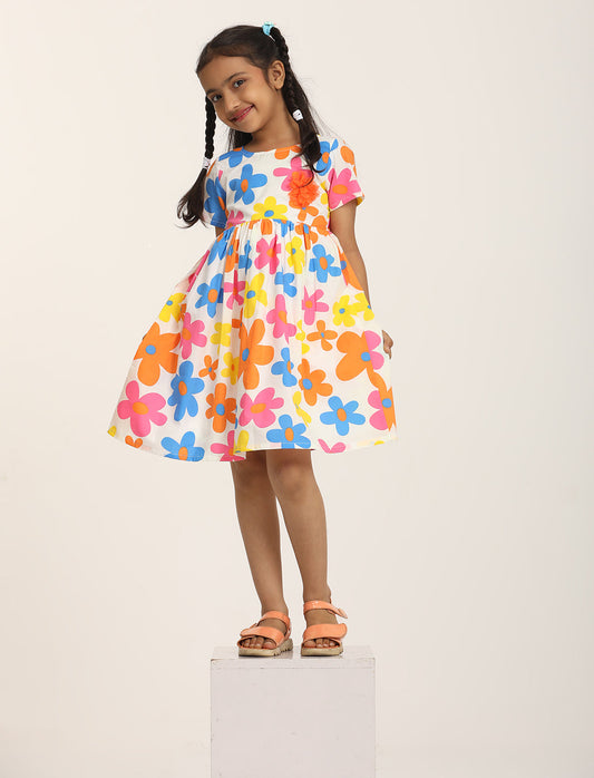 Zion Girls Printed Fit and Flare Dress with Flower Detail and Tie up Tape-Orange