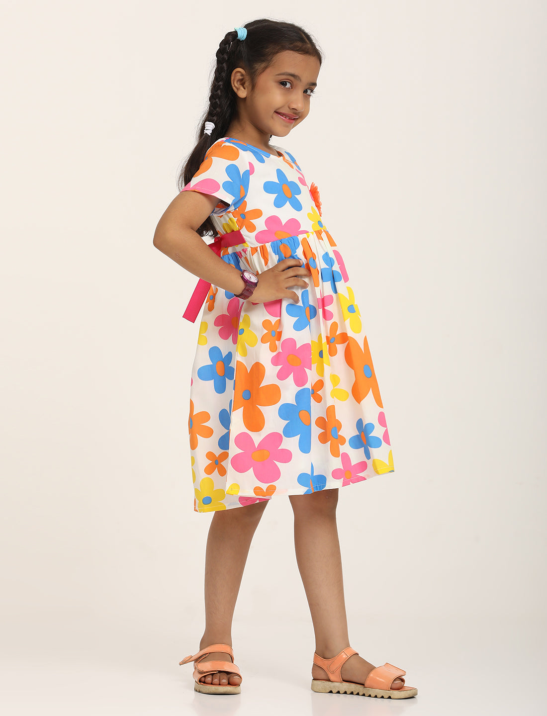 Zion Girls Printed Fit and Flare Dress with Flower Detail and Tie up Tape-Orange