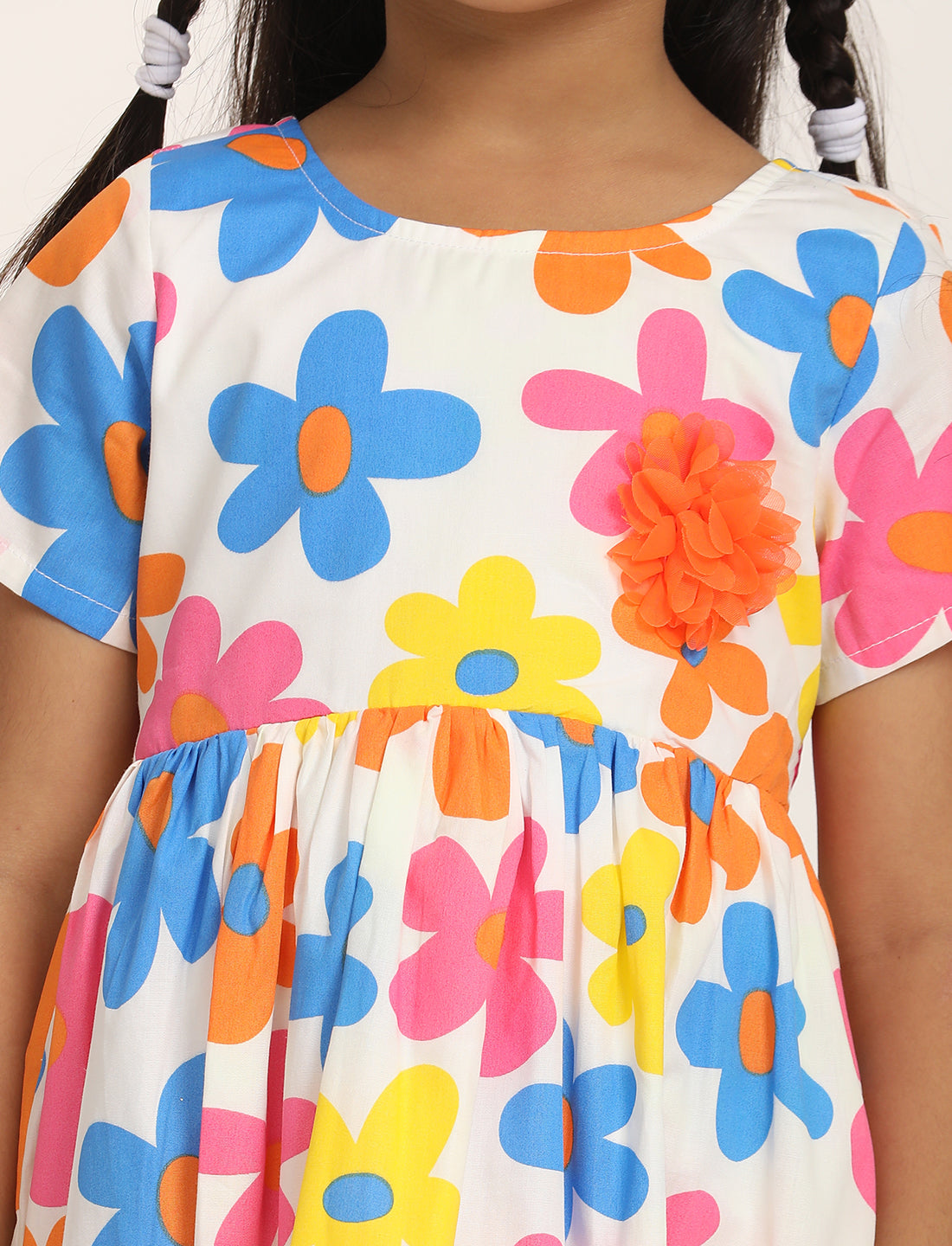 Zion Girls Printed Fit and Flare Dress with Flower Detail and Tie up Tape-Orange