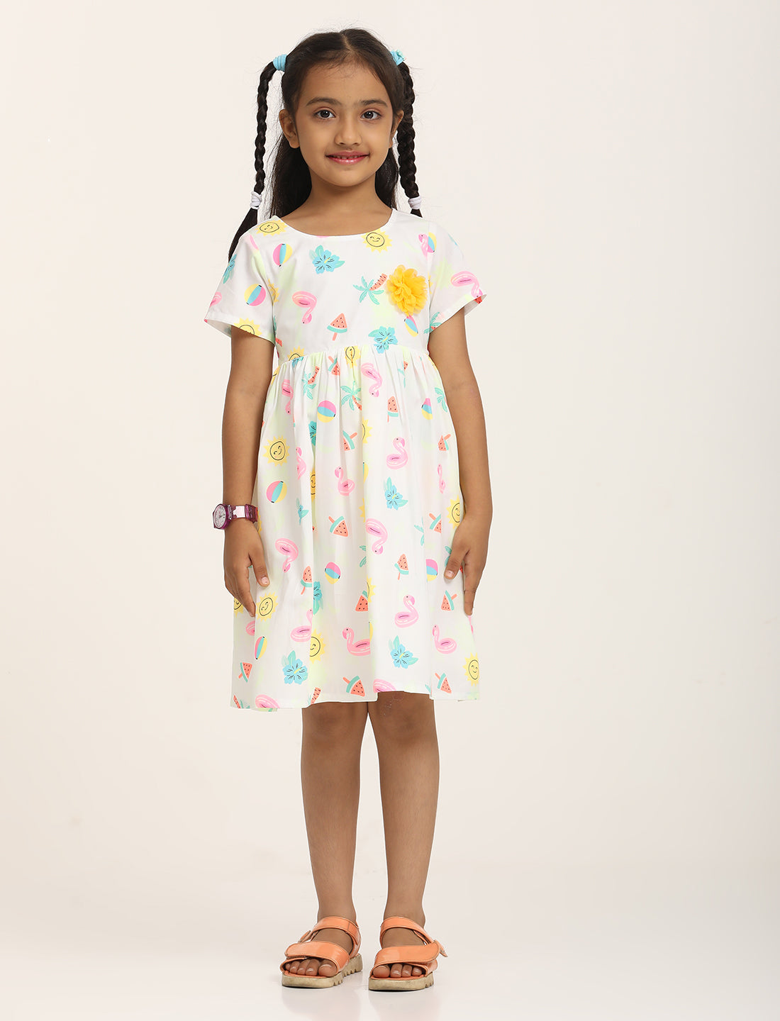 Zion Girls Printed Fit and Flare Dress with Flower Detail and Tie up Tape-White