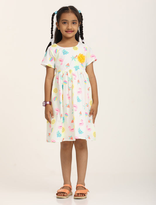 Zion Girls Printed Fit and Flare Dress with Flower Detail and Tie up Tape-White