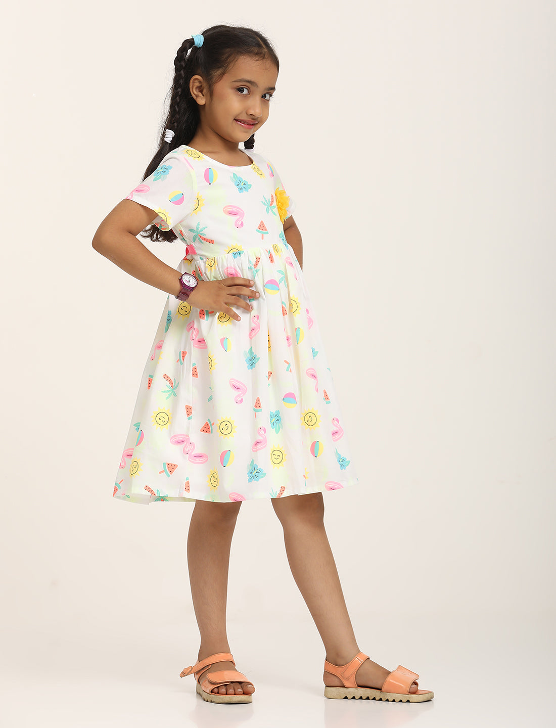 Zion Girls Printed Fit and Flare Dress with Flower Detail and Tie up Tape-White