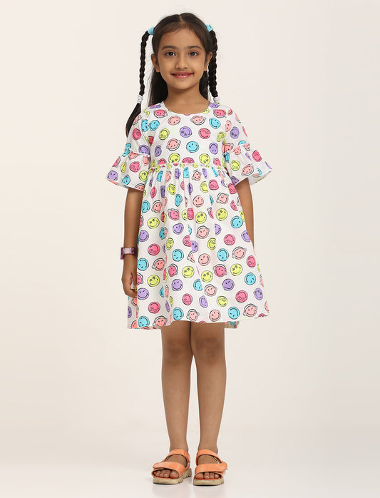 Zion Cotton Smiley Printed Bell sleeve Dress with ruffles Waist - White