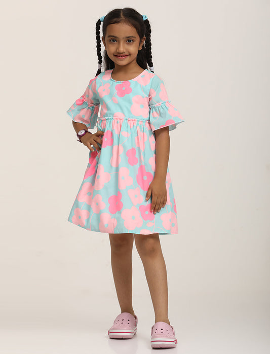Zion Cotton Floral Printed Bell sleeve Dress with ruffles Waist - Light Blue