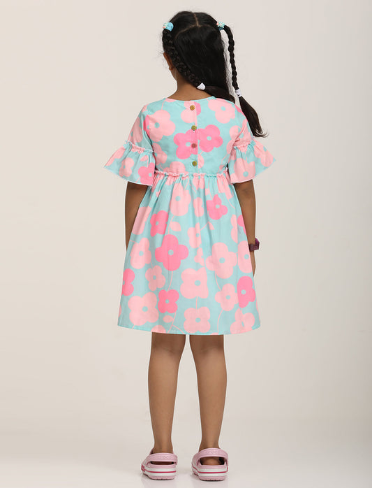 Zion Cotton Floral Printed Bell sleeve Dress with ruffles Waist - Light Blue