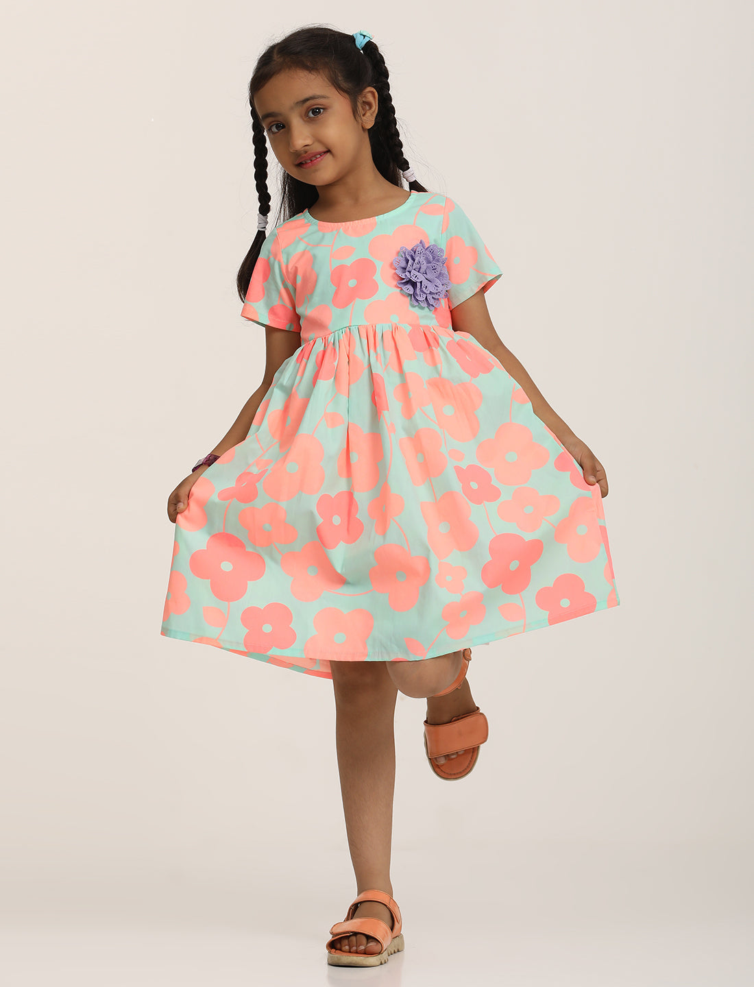 Zion Girls Printed Fit and Flare Dress with Flower Detail and Tie up Tape-Sea Green