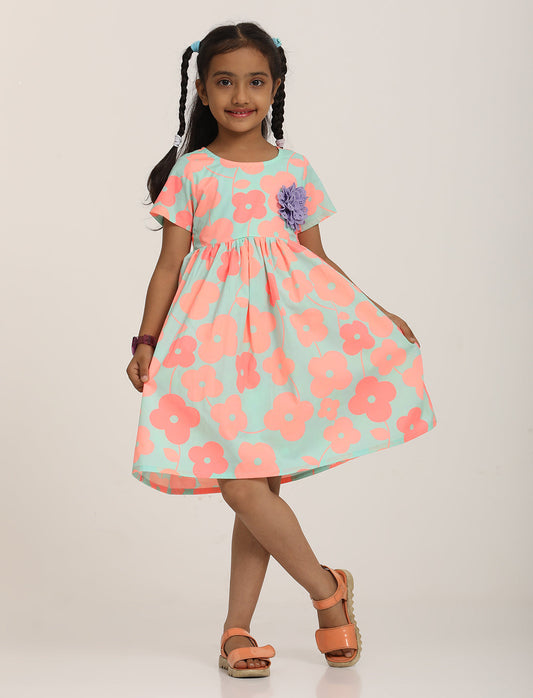 Zion Girls Printed Fit and Flare Dress with Flower Detail and Tie up Tape-Sea Green