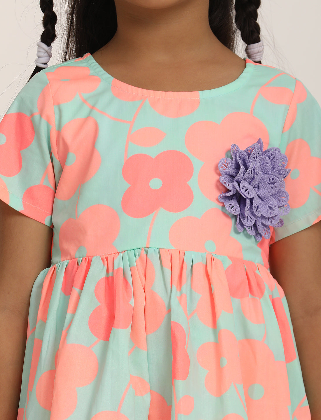 Zion Girls Printed Fit and Flare Dress with Flower Detail and Tie up Tape-Sea Green