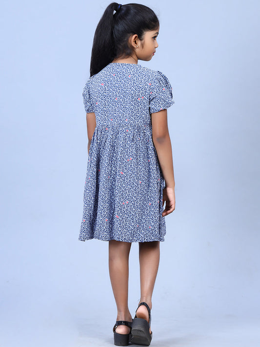 Zion Girls Printed Fit and Flare Dress with Flower Detail and Tie up Tape-Blue