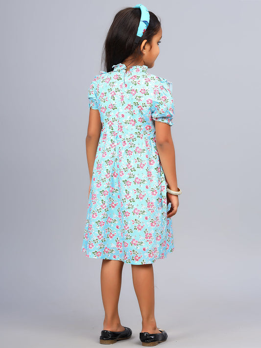 Zion Girls Printed Fit and Flare Dress with Ruffle Highlights & Puff Sleeves-Light Blue