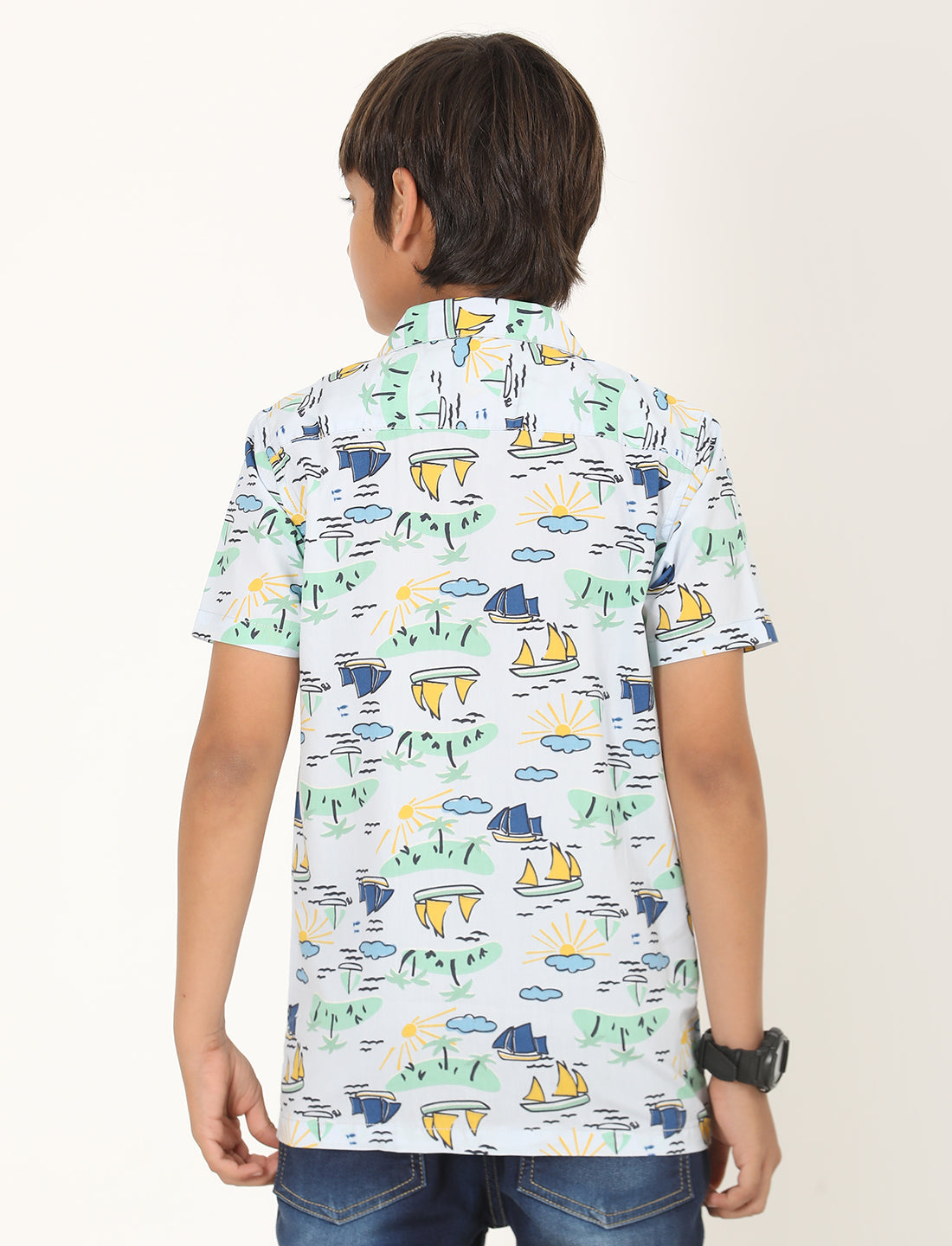 Zion Boys Cotton Half Sleeve Open Collar Shirt with Conversational Print - Light Blue