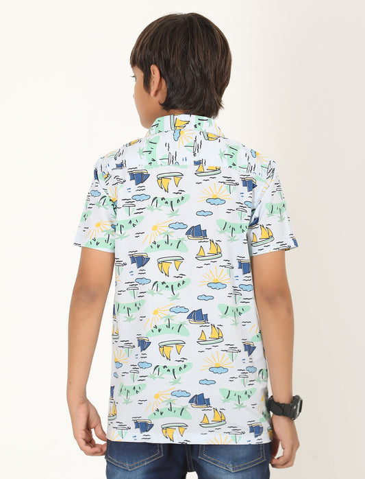 Zion Boys Cotton Half Sleeve Open Collar Shirt with Conversational Print - Light Blue