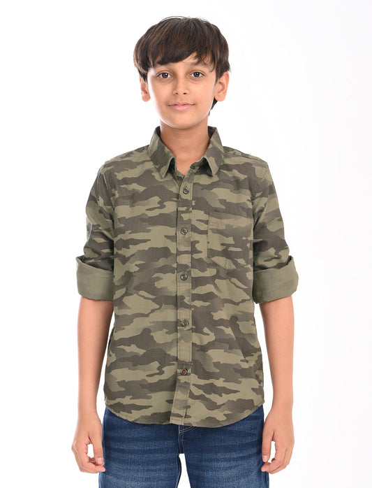 Zion Boys Cotton Full Sleeve Shirt with Military Camoflagued Print - Olive