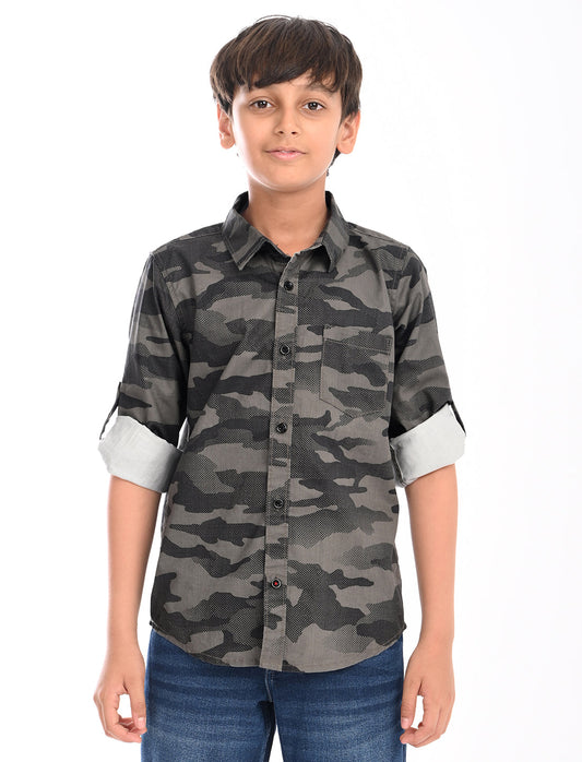 Zion Boys Cotton Full Sleeve Shirt with Military Camoflagued Print - Black