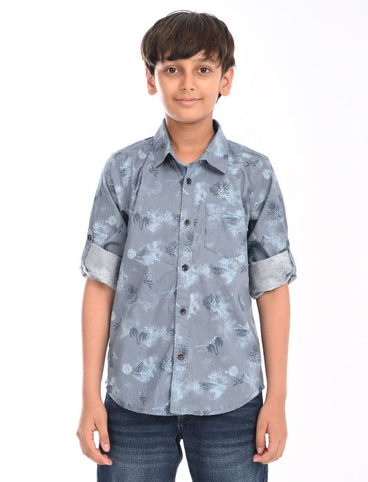 Zion Boys Cotton Full Sleeve Shirt with Abstract Floral  Print - Grey